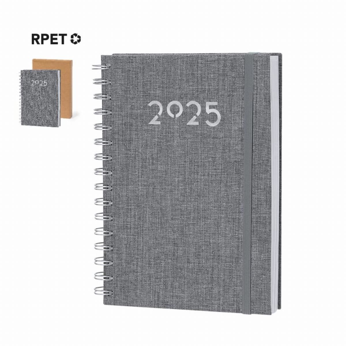 Gray spiral-bound 2025 planner with elastic band and RPET recycling symbol in corner.