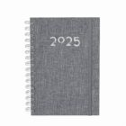 Gray 2025 spiral-bound planner with elastic band, isolated on a white background.