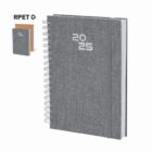 Gray spiral-bound 2025 planner with elastic band and RPET recycled paper symbol shown.