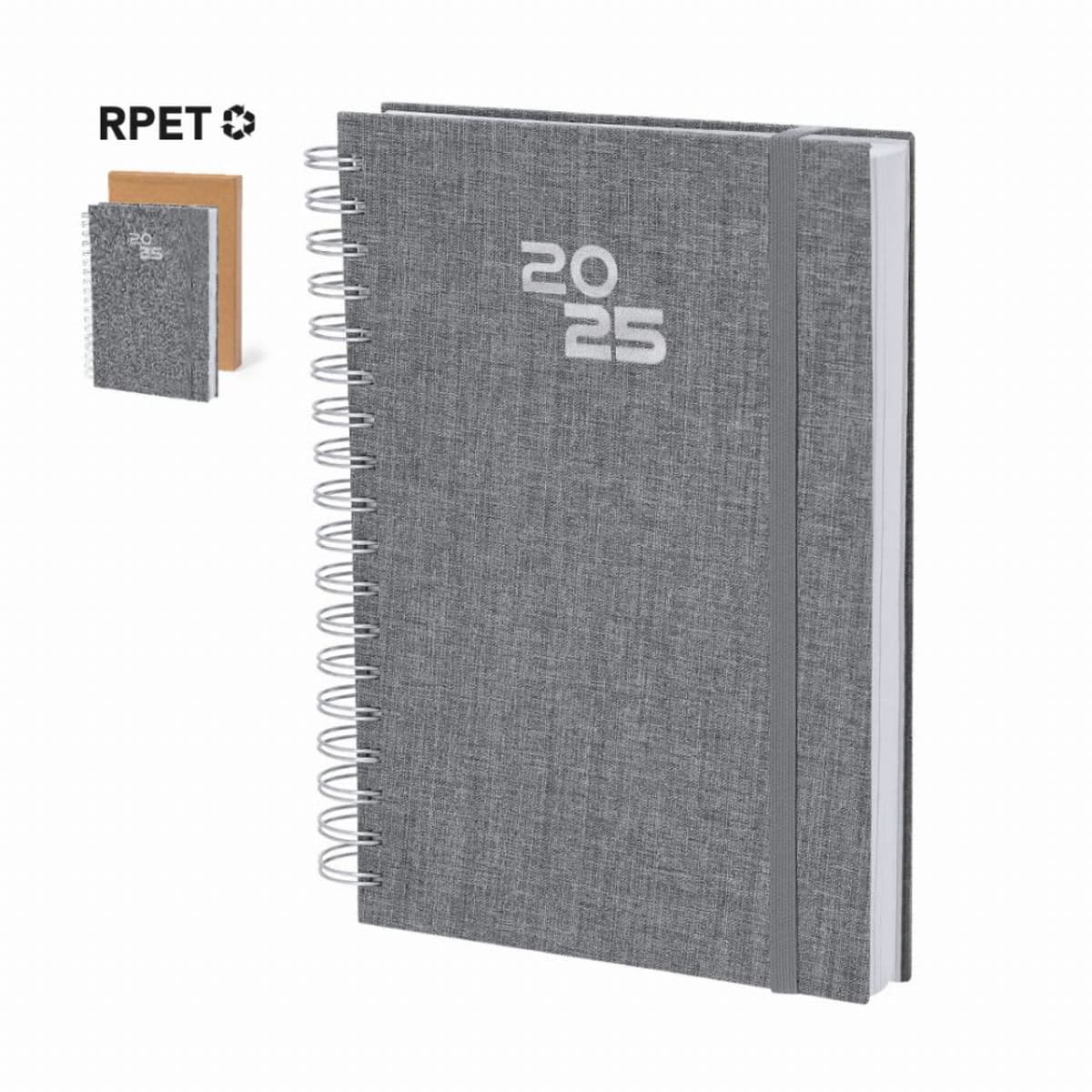 Gray spiral-bound 2025 planner with elastic band and RPET recycled paper symbol shown.