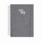 Gray spiral-bound 2025 planner with elastic band, viewed from above on a white background.