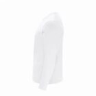 Side view of a plain white long-sleeve shirt on a white background.