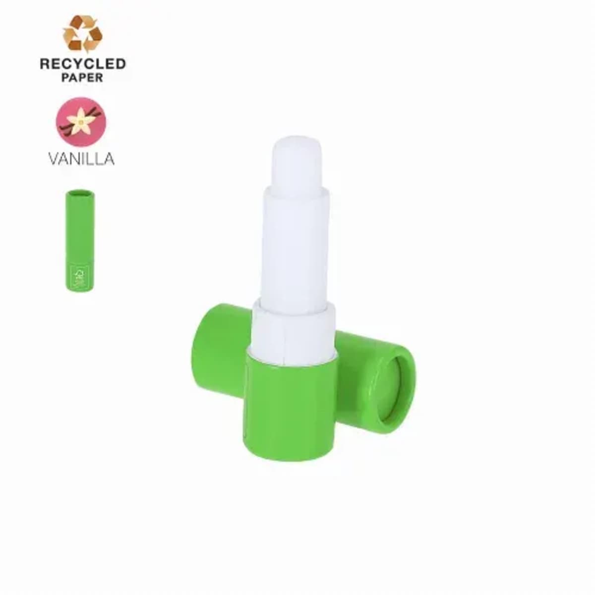 Green vanilla lip balm stick with cap off, made from recycled paper.