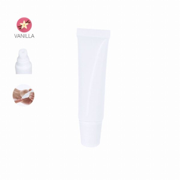 White squeeze tube with vanilla icon, applicator tip, and hand applying cream.