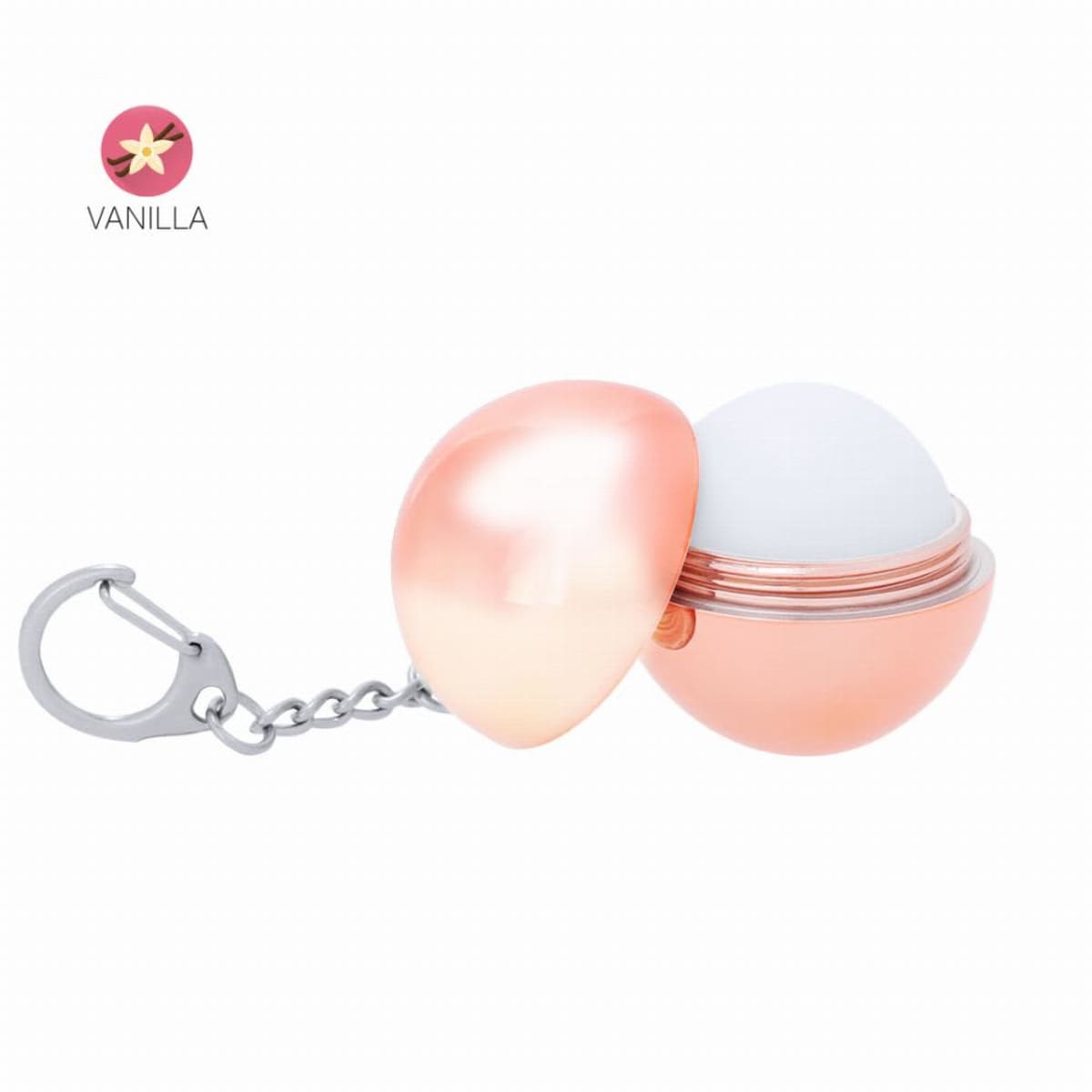 Rose gold keychain lip balm open, showing white balm, with Vanilla label on top left.