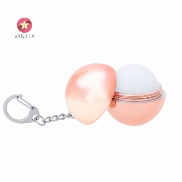 Round rose gold keychain lip balm, open to reveal white balm, labeled Vanilla above.