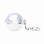 A shiny silver spherical keychain with a short chain and clasp attached.