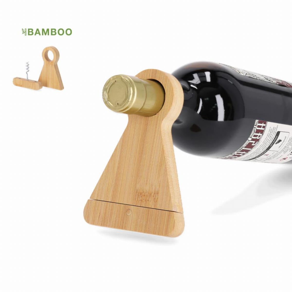 A bamboo wine bottle holder balancing a wine bottle, with a corkscrew beside it.