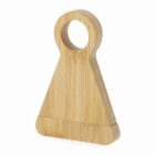 Triangular bamboo doorstop with a round handle hole at the top.