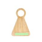Wooden triangular cutting board with a round handle and a green accent near the bottom.
