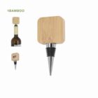Square bamboo wine stopper with metal tip, shown on and off a bottle, with bottle opener feature.
