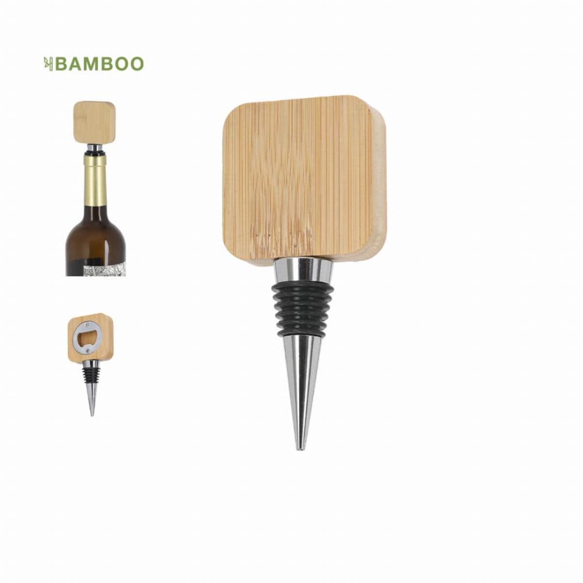 Square bamboo wine stopper with metal tip, shown on and off a bottle, with bottle opener feature.