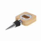 Square wooden bottle stopper with metal tip and built-in bottle opener.