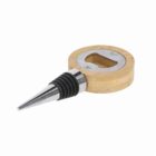 A metal and wood bottle stopper with a built-in bottle opener.