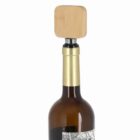 Wine bottle with a square wooden stopper on top, against a white background.