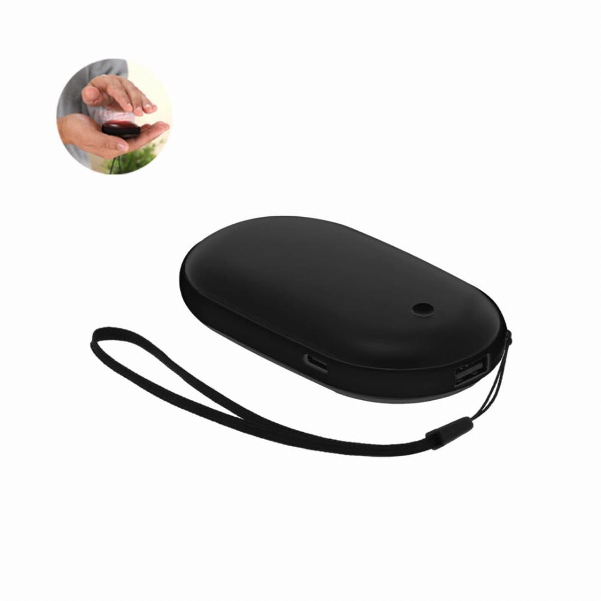 Black portable hand warmer with wrist strap; inset shows it being held in someones hand.