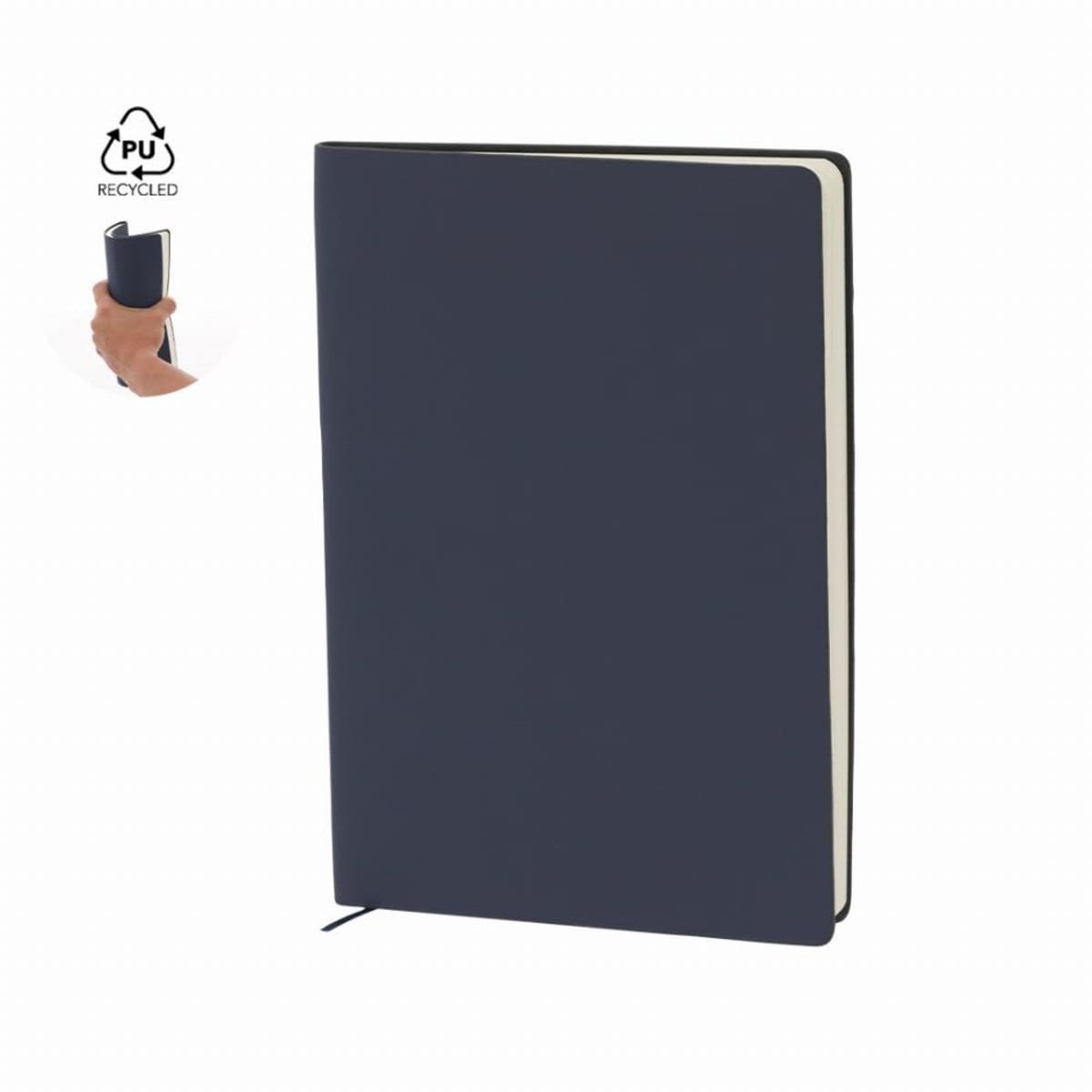 Navy blue notebook with rounded corners and a recycled PU symbol in the corner.