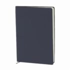 A closed, dark blue notebook with rounded corners and a ribbon bookmark.