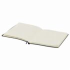 An open blank notebook with lined pages and a dark cover.