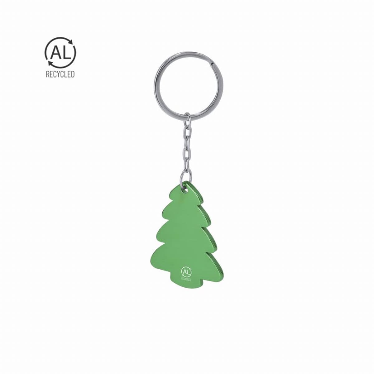 Green tree-shaped keychain with a silver ring and recycled aluminum symbol in the corner.