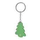 Green tree-shaped keychain with a silver chain and ring on a white background.