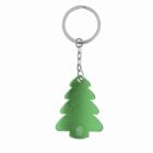 Green tree-shaped keychain with a silver chain and key ring on a white background.