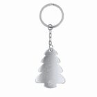 Silver keychain with a Christmas tree-shaped pendant on a white background.