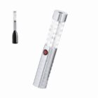 Silver LED flashlight with a red button, shown once expanded and once collapsed.