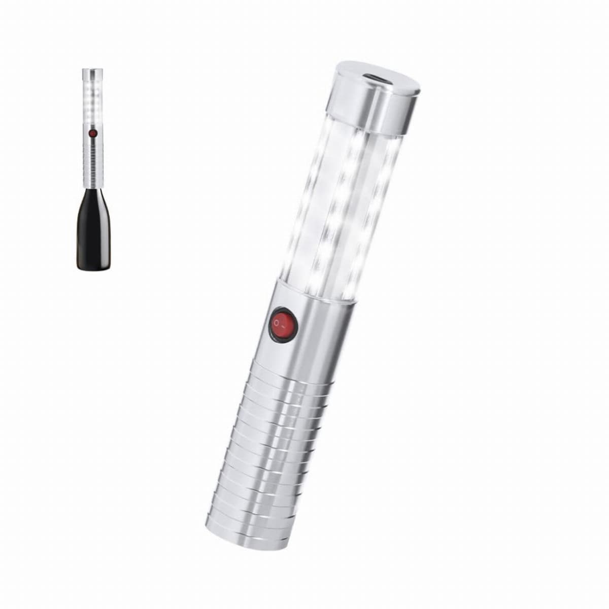 Silver LED flashlight with a red button, shown once expanded and once collapsed.