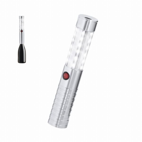 Silver LED flashlight with a red button, shown upright and with a black base attachment.