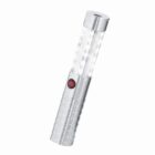 Silver handheld LED flashlight with a red power button, shown on a white background.