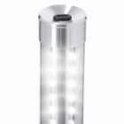Close-up of a cylindrical LED light with a metallic cap and USB-C charging port on top.