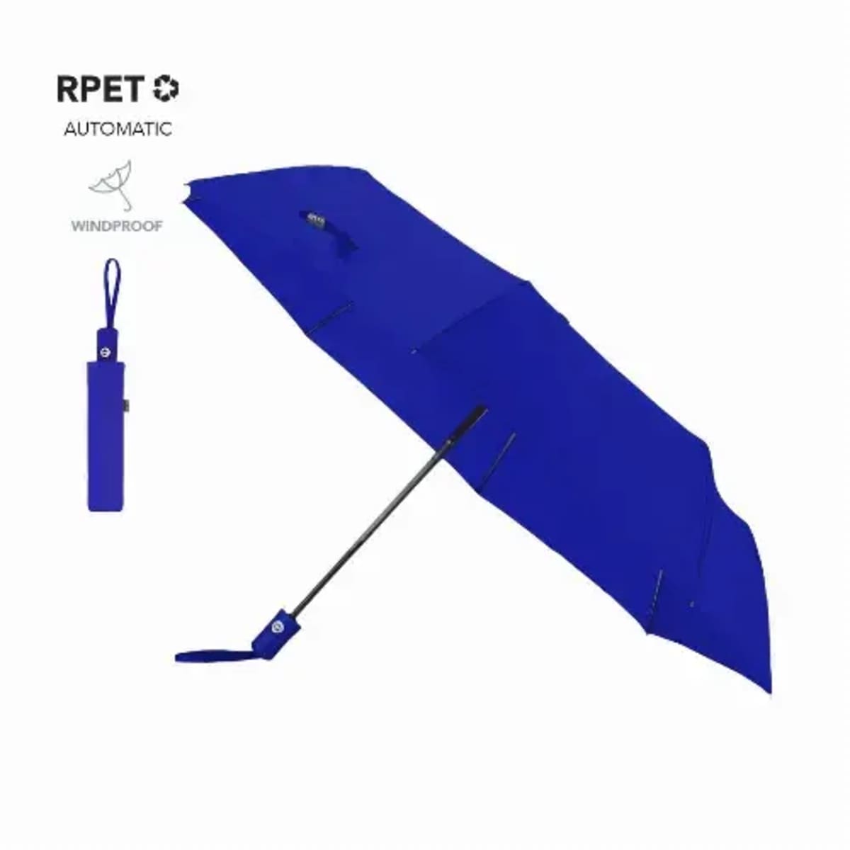 Blue automatic windproof umbrella with matching sleeve, partially open and tilted sideways.