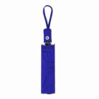 Closed blue umbrella with a matching strap and handle against a white background.
