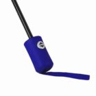 Blue cane handle with a wrist strap and a silver triangular logo on it.