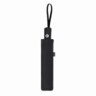 A closed black umbrella with a looped handle, standing upright against a white background.