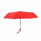 Red compact umbrella with a black shaft and a matching red handle.