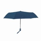 A blue compact umbrella with a wrist strap, fully opened against a white background.