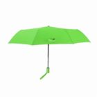 Bright green umbrella with a straight black handle, fully open against a white background.