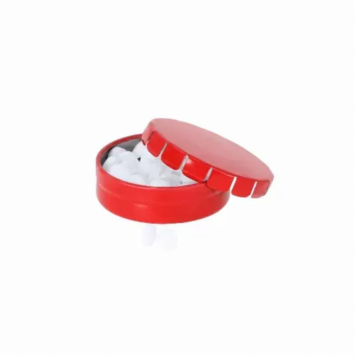 Red round tin box with white mints inside, lid partially open.
