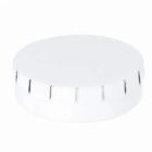 White, round, flat plastic cap with ridges on the sides, viewed from an angle.