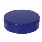 A blue metal lid with vertical grooves on the sides, shown against a white background.