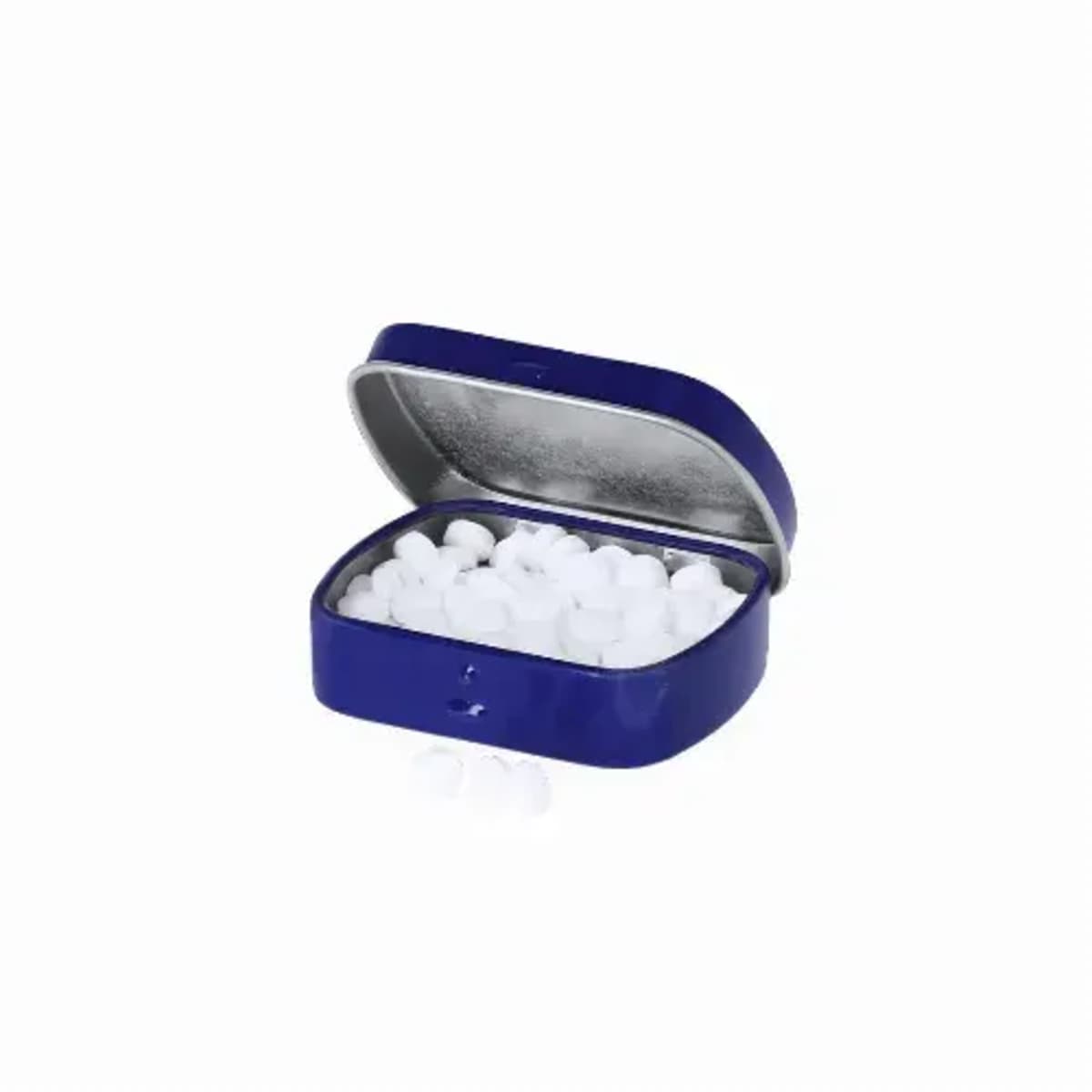 A blue tin box filled with small white mints, lid open.