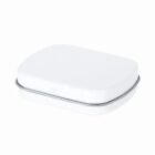 A closed, rectangular white tin box with rounded edges on a white background.