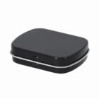 A small, closed, rectangular black tin box with rounded edges on a white background.