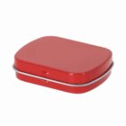 A small, closed, rectangular red metal tin container with rounded edges.