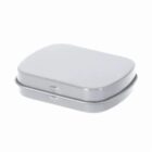 A small, closed, rectangular silver metal tin on a white background.
