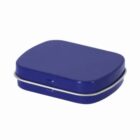 Small, closed, rectangular blue tin container with rounded edges on a white background.