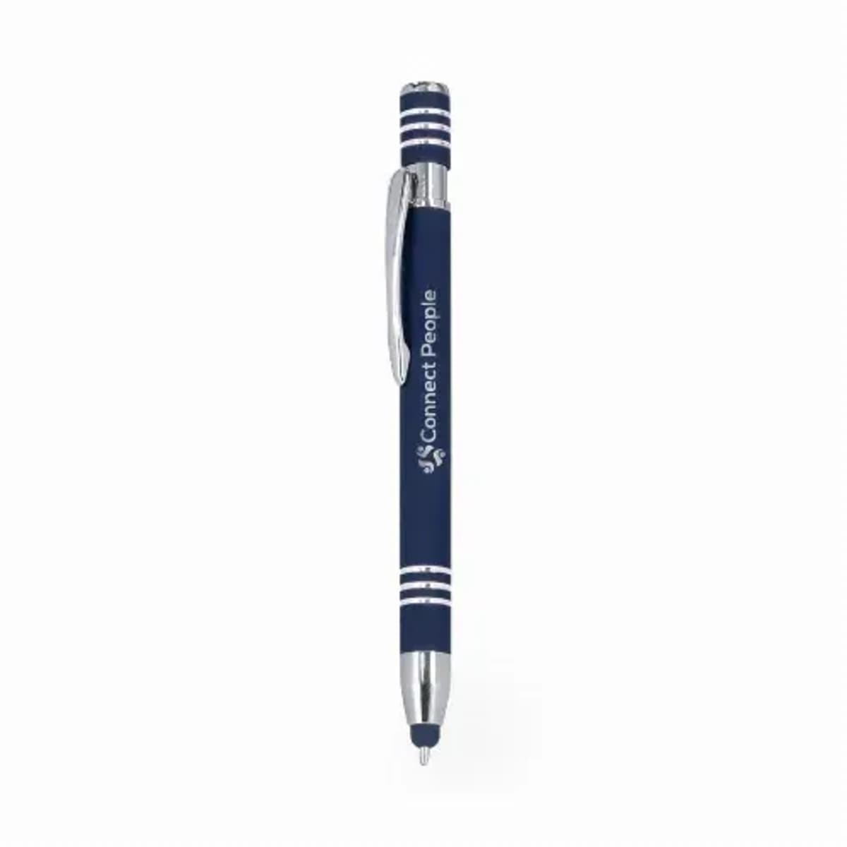 Blue retractable pen with Connect People text, silver clip, and decorative silver bands.