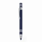 Navy blue retractable pen with silver accents and a pocket clip on a white background.